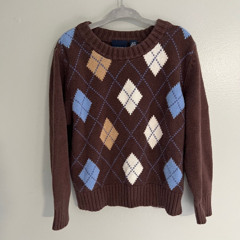 Sonoma Life + Style Boys Brown Argyle Knit Crew Neck Sweater Size S 4